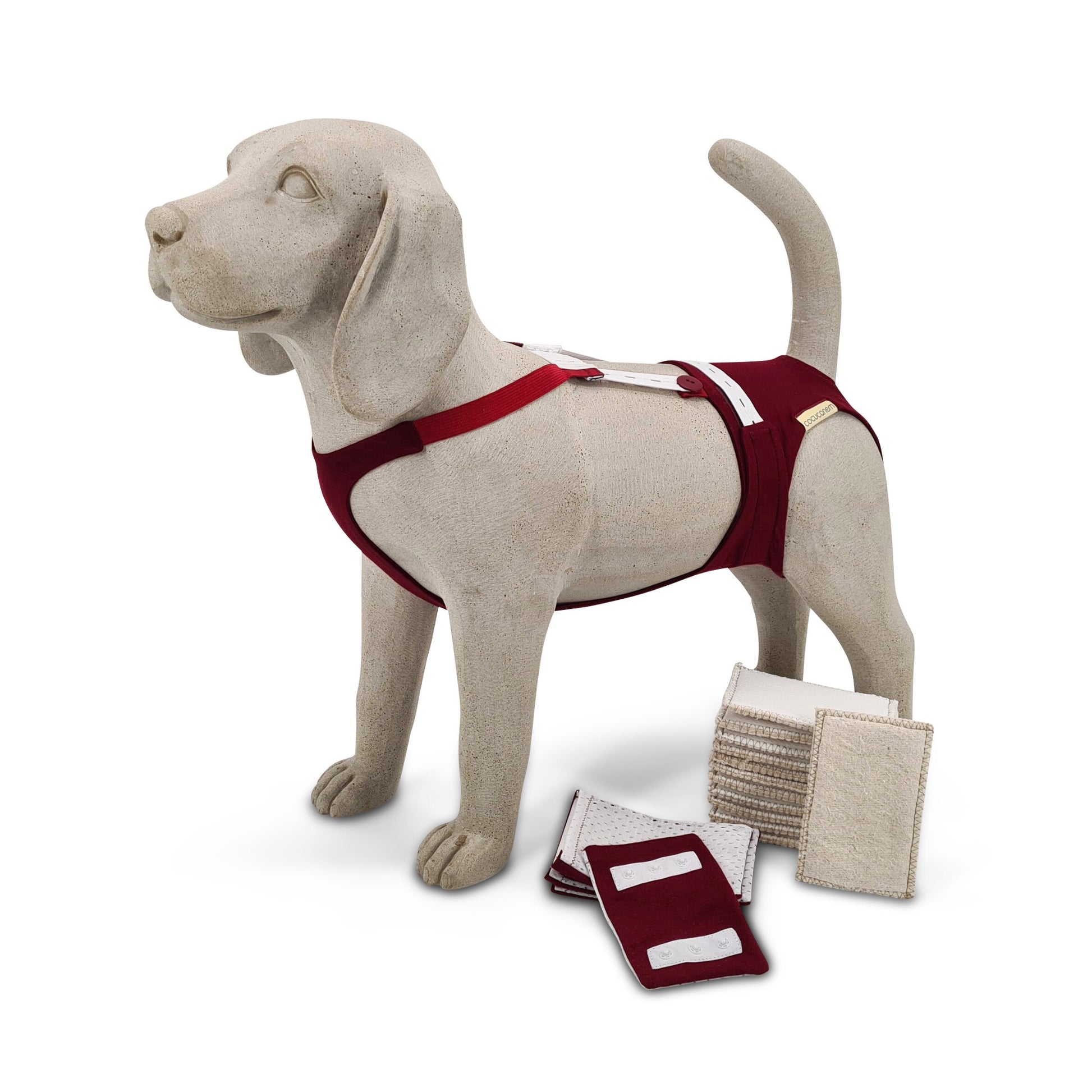 Beagle-Modell aus Beton trägt die Inkontinenzhose für Hündinnen. Die Inkontinenzhose ist eine Trägerhose mit elastischen, verstellbaren Gummibändern am Rücken. Das Set zeigt auch die 12 Hanfmix-Einlagen und die 5 Hüllen.