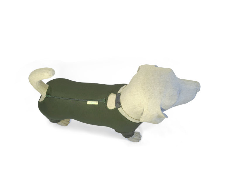 Ein Beagle-Modell trägt einen Hundebody mit 3/4 langen Beinen in Olivegrün mit teilbarem Reißverschluss und Haken-Ösen-Verschluss am Hals. Die Ansicht zeigt den Hunderücken mit den assymmetrisch verlaufenden Verschlussen, die sich unterhalb der Wirbelsäule befinden.